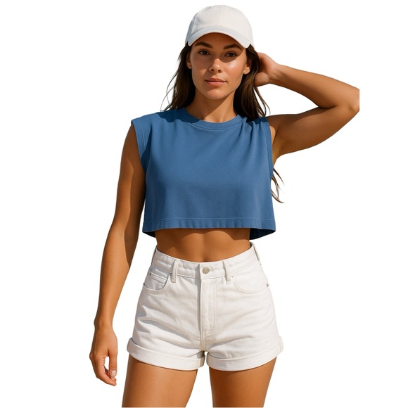 Zara Tops - Zara Sleeveless Boxy Crop Top Sweatshirt Material Blue Sporty Gym Athletic